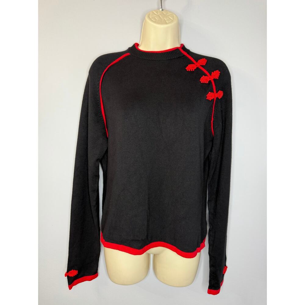 Obermeyer 1947 Signature Vintage Black Knit Sweater Frog Chinese Oriental Sz XL